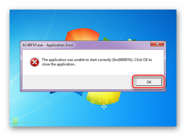 Ошибка 0xc0000007b при запуске программы на экране монитора в Windows 7